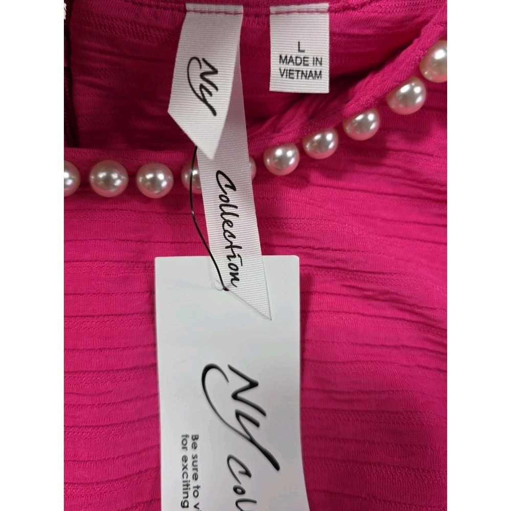 NWT NY Collection Pink Pearl Neck Shift Dress Large L Hot Pink Bell Sleeve - Picture 10 of 11